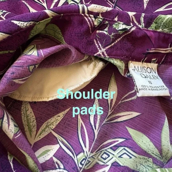 Vintage Allison Daley Purple Tropical Button Front Blouse Size 16 Shoulder Pads - Picture 10 of 11